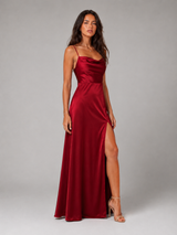 Satin Feel Cowl Neck Side Split Maxi Dress Evening Women