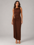 Robe maxi à col montant froncé avec détails dorés pour femme soirée