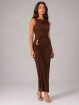 High Neck Ruched Gold Detail Maxi Dress Evening Women
