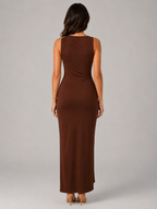 Robe maxi à col montant froncé avec détails dorés pour femme soirée