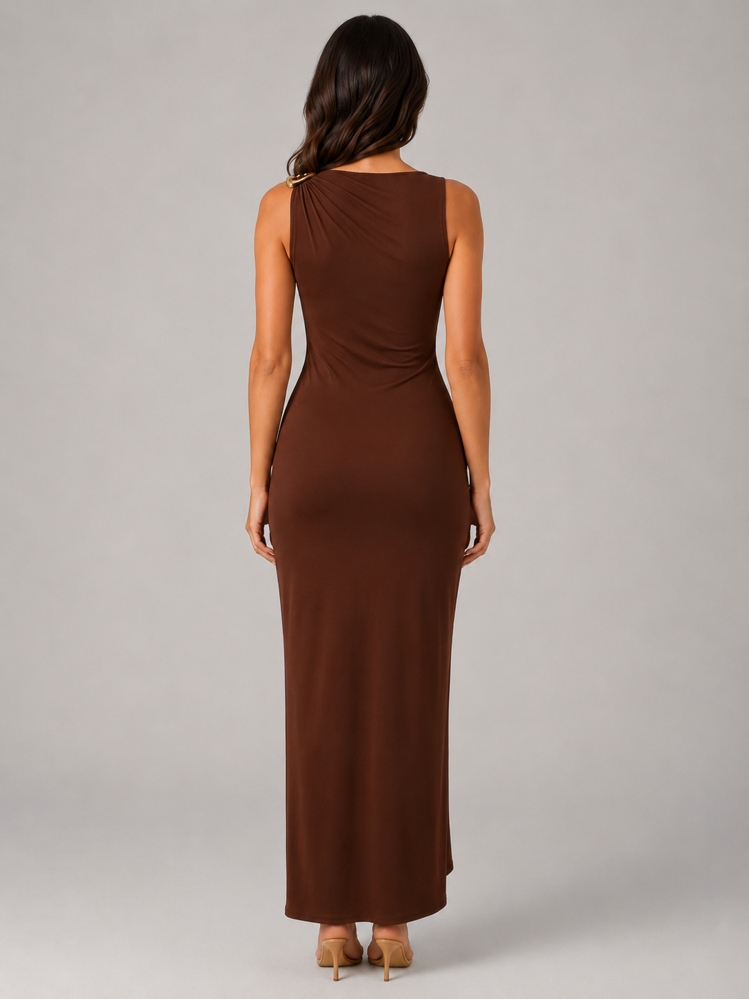 Robe maxi à col montant froncé avec détails dorés pour femme soirée