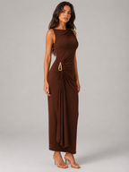 Robe maxi à col montant froncé avec détails dorés pour femme soirée
