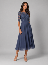 Chiffon Lace Bodice Midi Dress Wedding Guest