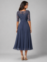 Chiffon Lace Bodice Midi Dress Wedding Guest