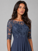 Chiffon Lace Bodice Midi Dress Wedding Guest