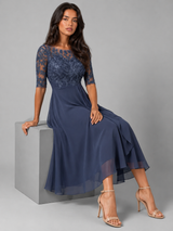 Chiffon Lace Bodice Midi Dress Wedding Guest