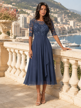 Chiffon Lace Bodice Midi Dress Wedding Guest