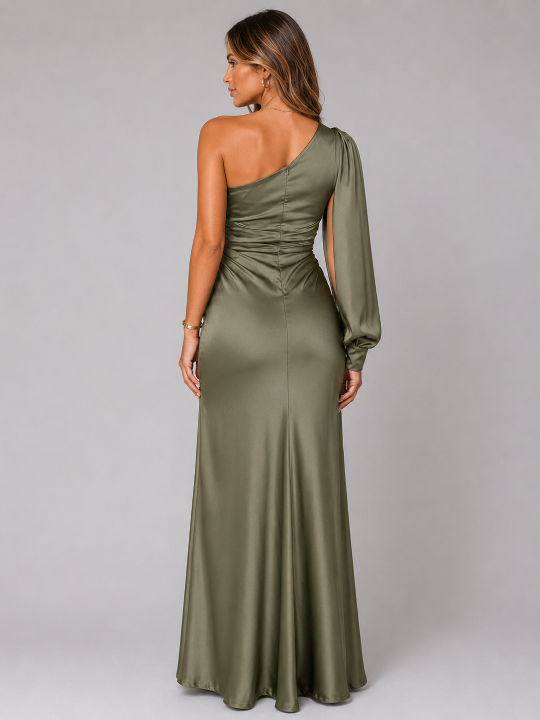 Satin Feel One Shoulder Draped Maxi Dress Evening Women