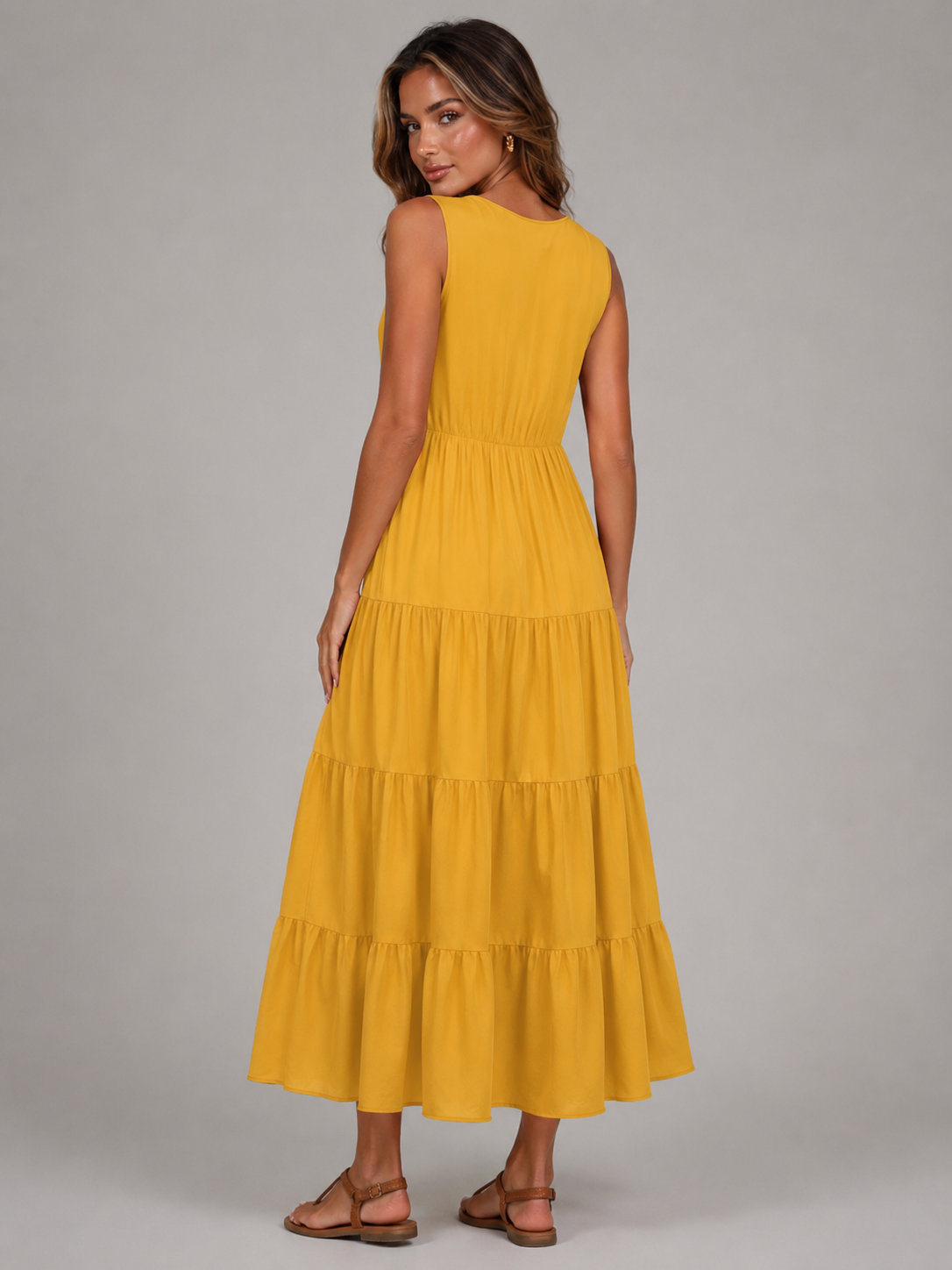Robe maxi à volants et col en V pour femme été