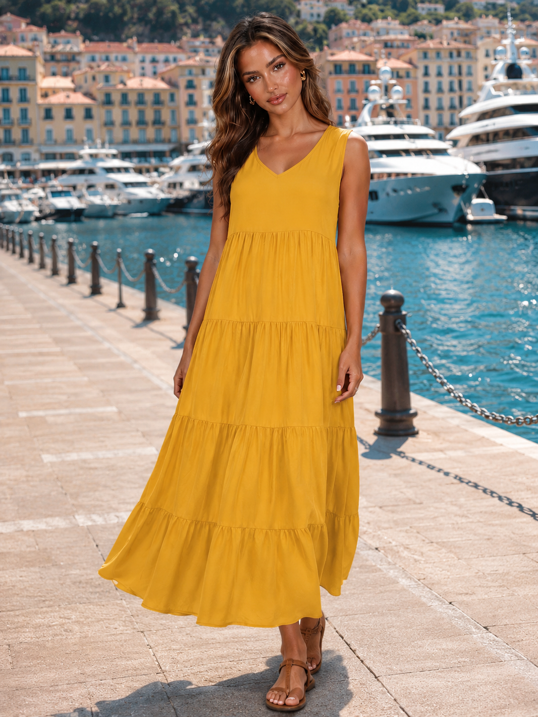 Robe maxi à volants et col en V pour femme été