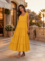 Vestido maxi con volantes y escote en V para mujer verano