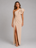 One Shoulder Ruffle Slit Maxi Dress Evening Women