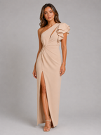 One Shoulder Ruffle Slit Maxi Dress Evening Women