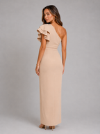 One Shoulder Ruffle Slit Maxi Dress Evening Women