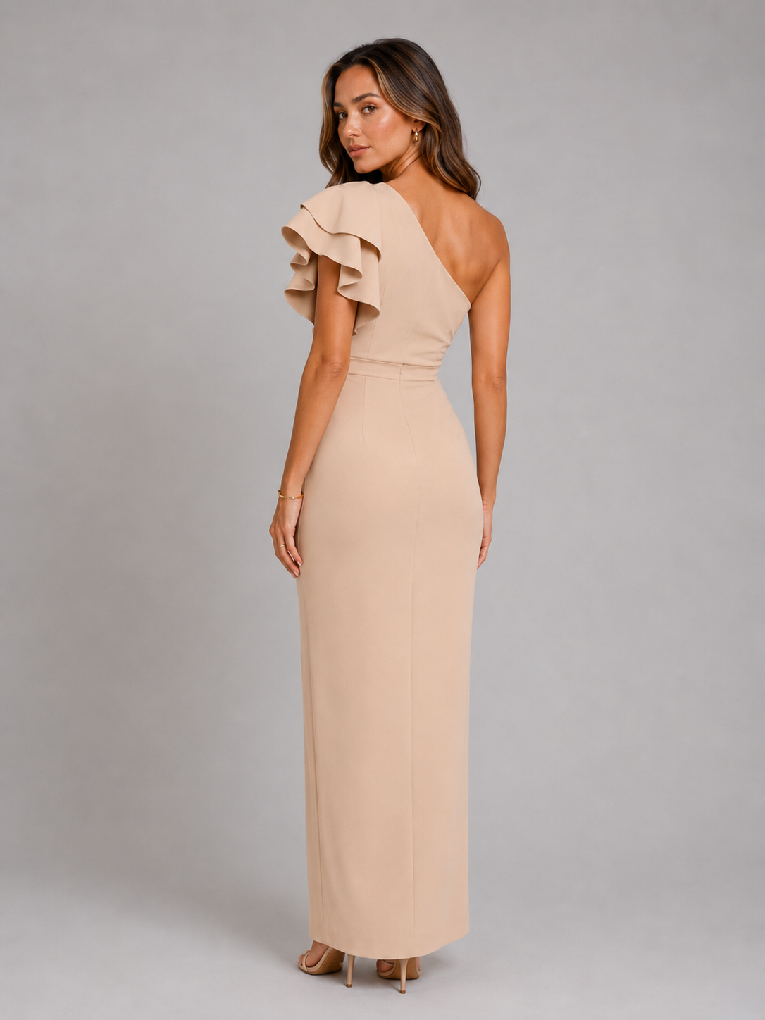 Robe maxi à une épaule avec volants et fente pour femme soirée