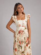 Vestido maxi floral plisado con mangas de volantes para invitada de boda