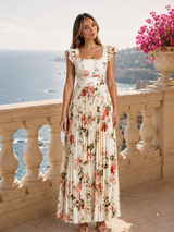 Vestido maxi floral plisado con mangas de volantes para invitada de boda