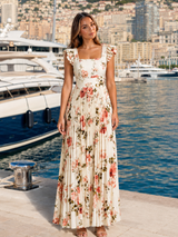 Vestido maxi floral plisado con mangas de volantes para invitada de boda