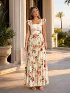 Vestido maxi floral plisado con mangas de volantes para invitada de boda