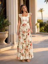 Vestido maxi floral plisado con mangas de volantes para invitada de boda