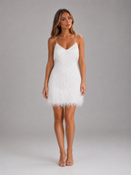 Sequin Fringe Feather Trim Mini Dress Cocktail Women