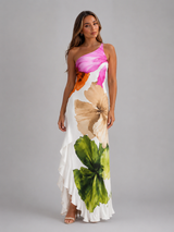 Vestido maxi floral de un solo hombro con volante en el dobladillo para mujer verano