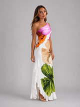 Vestido maxi floral de un solo hombro con volante en el dobladillo para mujer verano