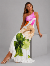 Vestido maxi floral de un solo hombro con volante en el dobladillo para mujer verano