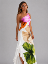 Vestido maxi floral de un solo hombro con volante en el dobladillo para mujer verano