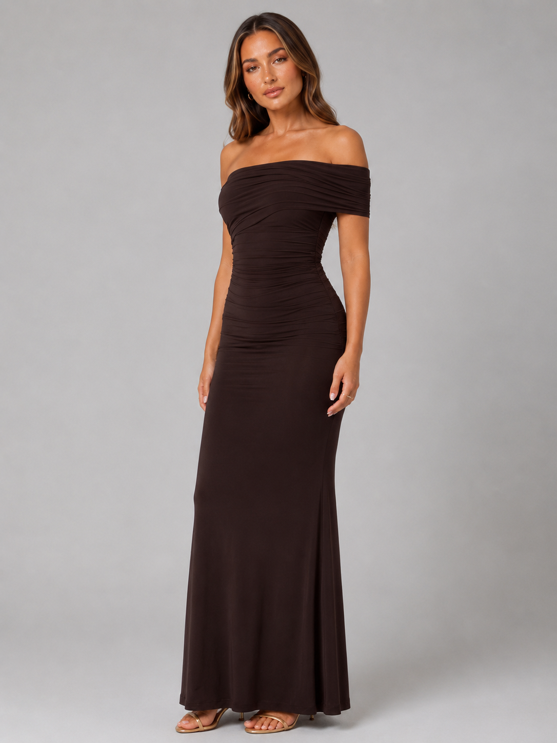 One Shoulder Ruched Maxi Dress Evening Women