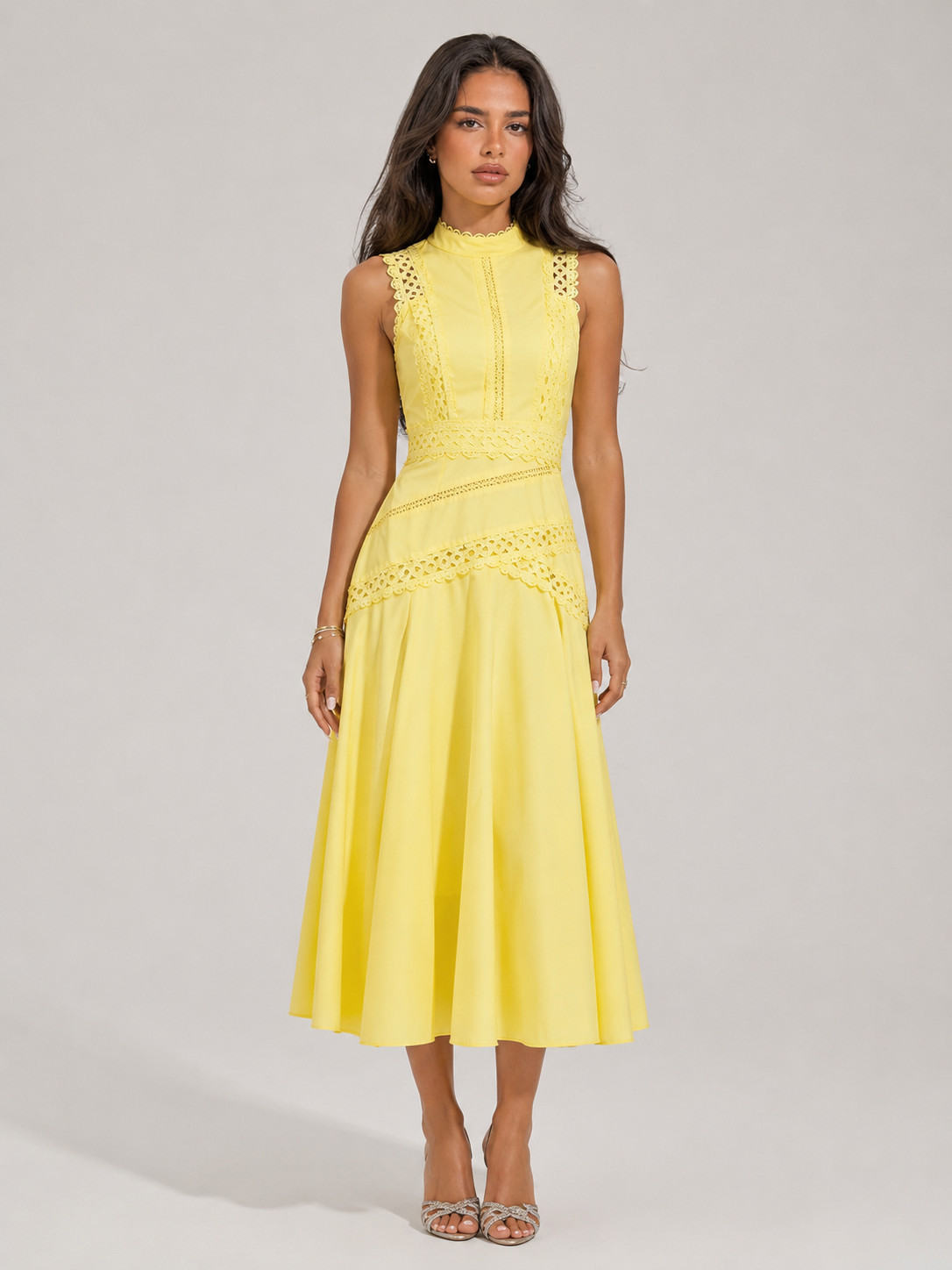 Vestido midi sin mangas de encaje para cóctel mujer