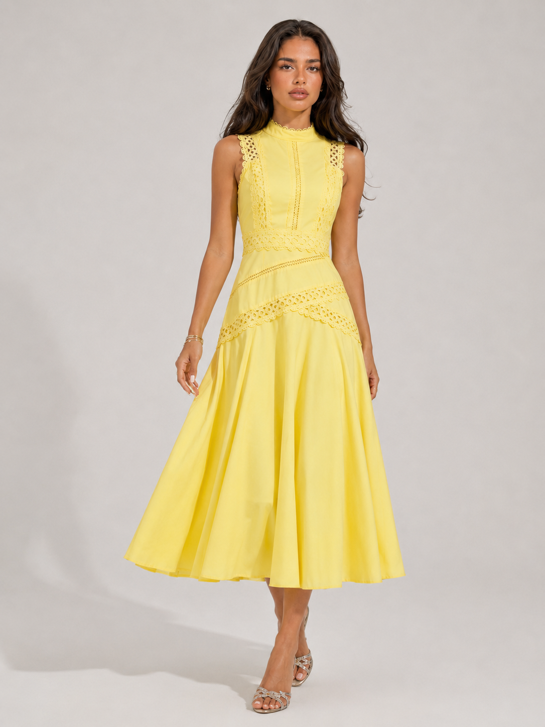 Vestido midi sin mangas de encaje para cóctel mujer