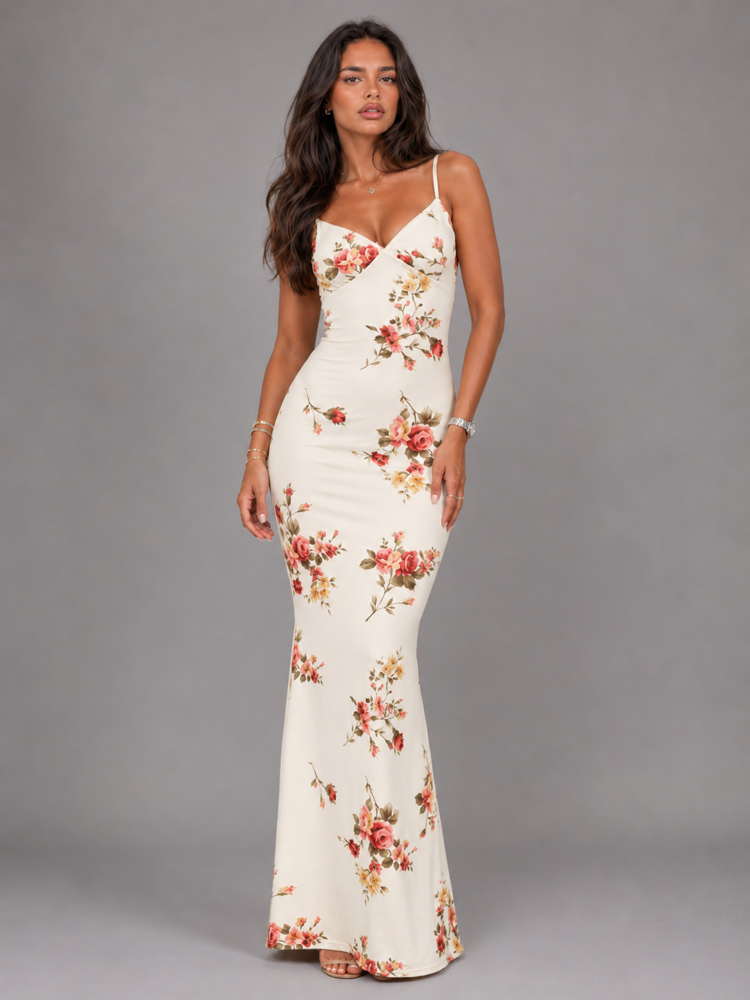 Robe maxi effet satin fleurie pour invitée de mariage