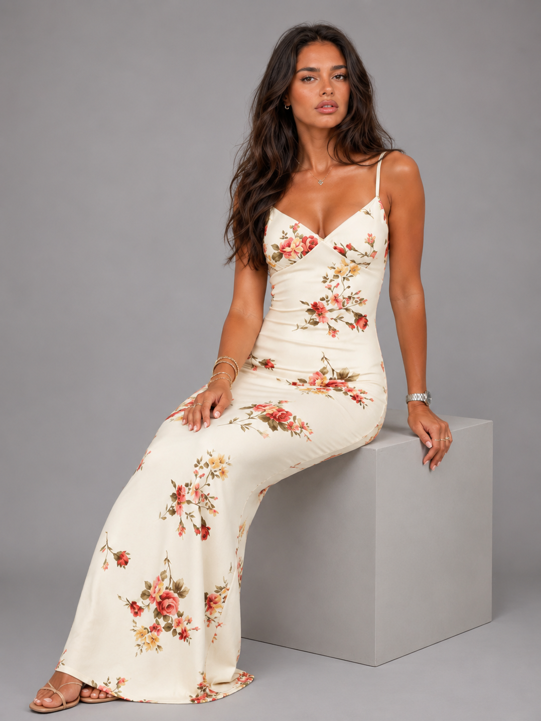 Robe maxi effet satin fleurie pour invitée de mariage