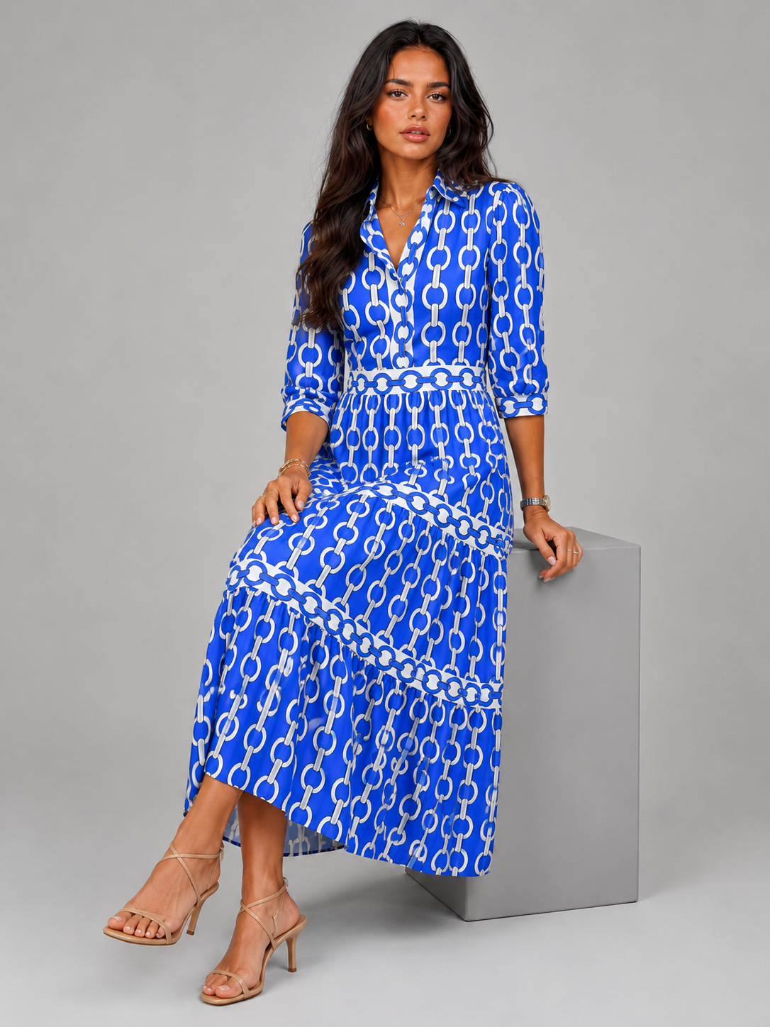 Robe midi imprimé chaîne pour femme été