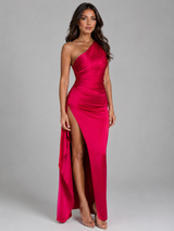 Vestido maxi satinado de un solo hombro con abertura alta para mujer de noche