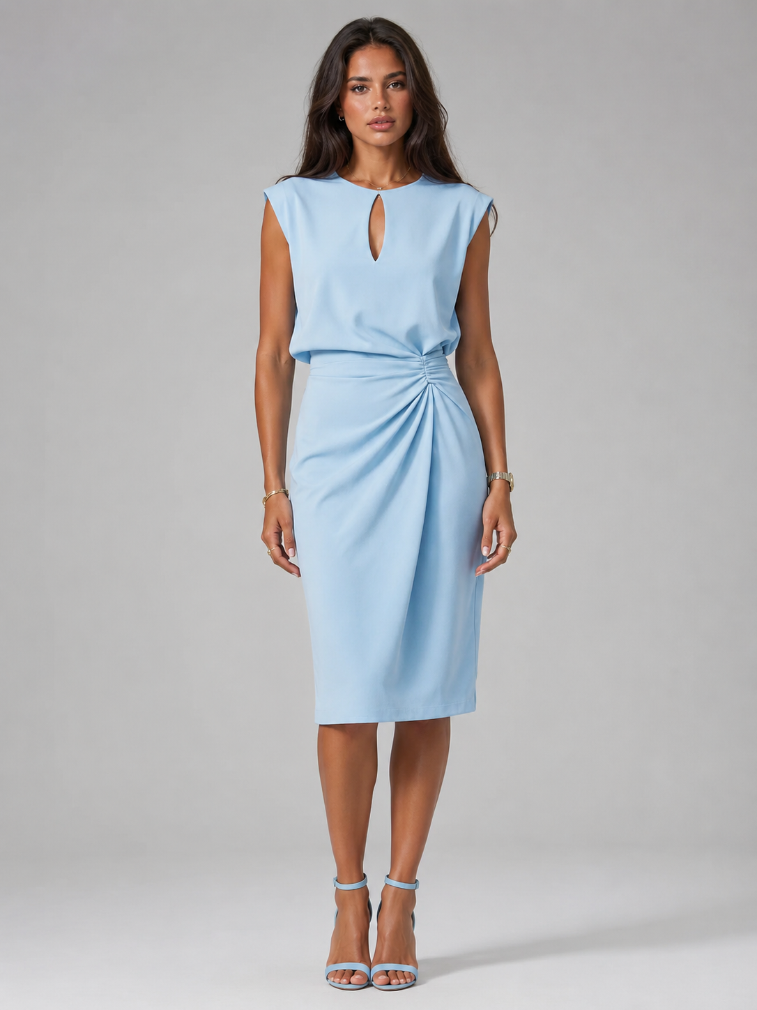 Robe midi à col clé et fronces pour cocktail femme