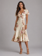 Floral Satin Feel Ruched Midi Dress Cocktail Women