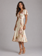 Floral Satin Feel Ruched Midi Dress Cocktail Women