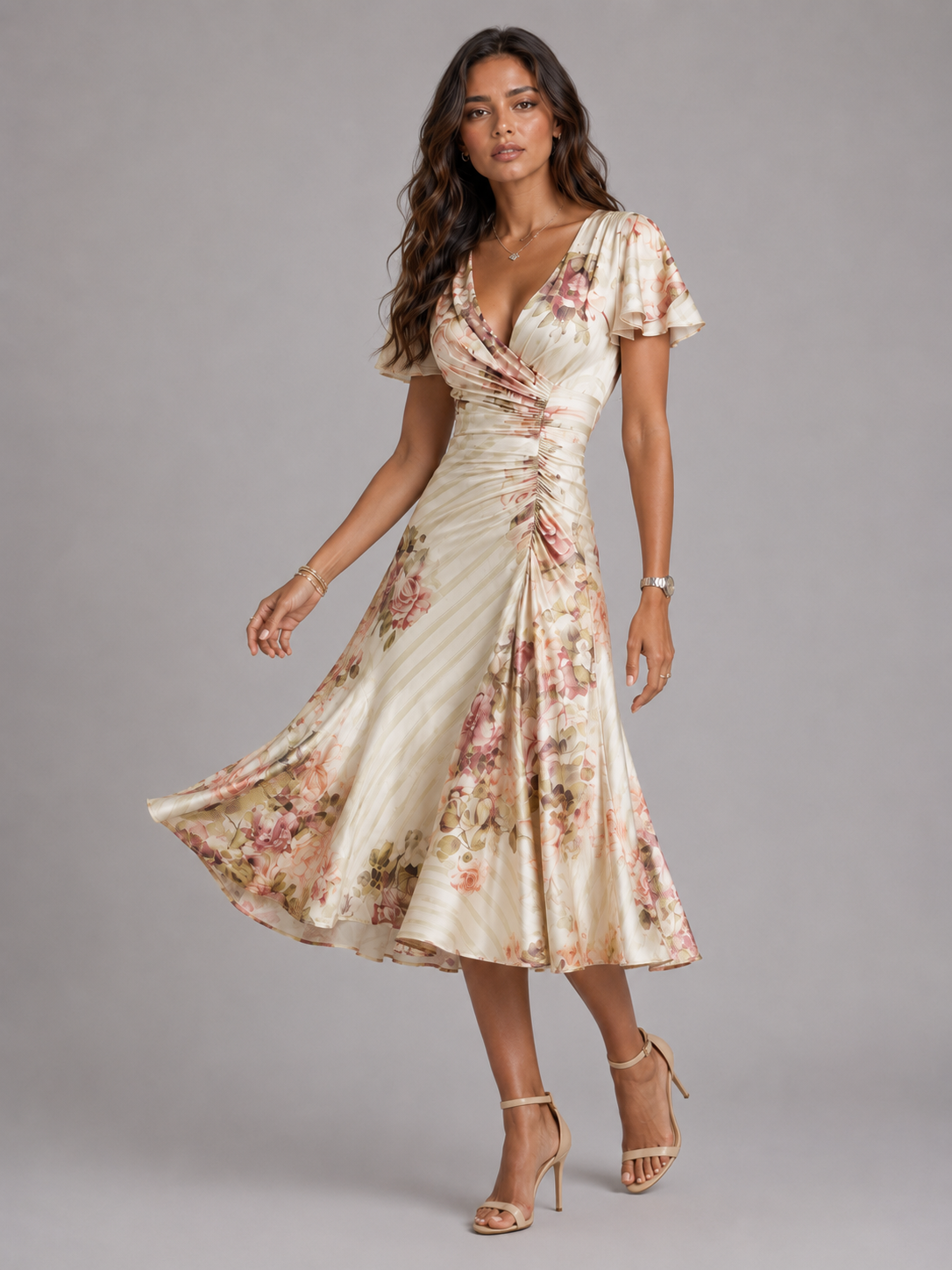 Floral Satin Feel Ruched Midi Dress Cocktail Women