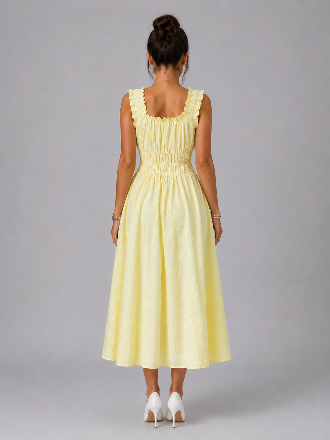 Vestido midi floral con textura y cintura fruncida para mujer verano