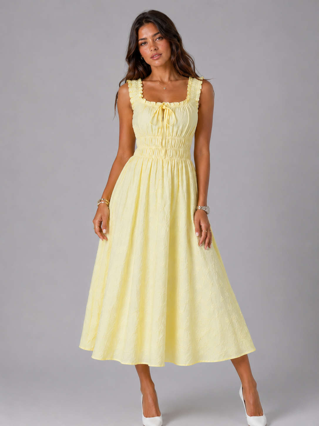 Vestido midi floral con textura y cintura fruncida para mujer verano