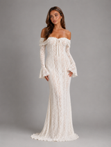 Vestido maxi con encaje y recortes off shoulder para invitada de boda