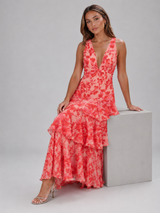 Robe maxi en mousseline à volants fleurie pour femme été