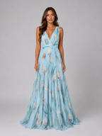 Floral V Neck Cinched Maxi Dress Summer Women