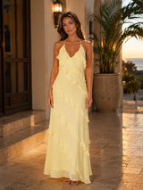 Vestido maxi halter con volantes en capas para mujer de verano