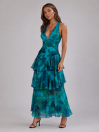 V Neck Tiered Ruffle Maxi Dress Summer Women