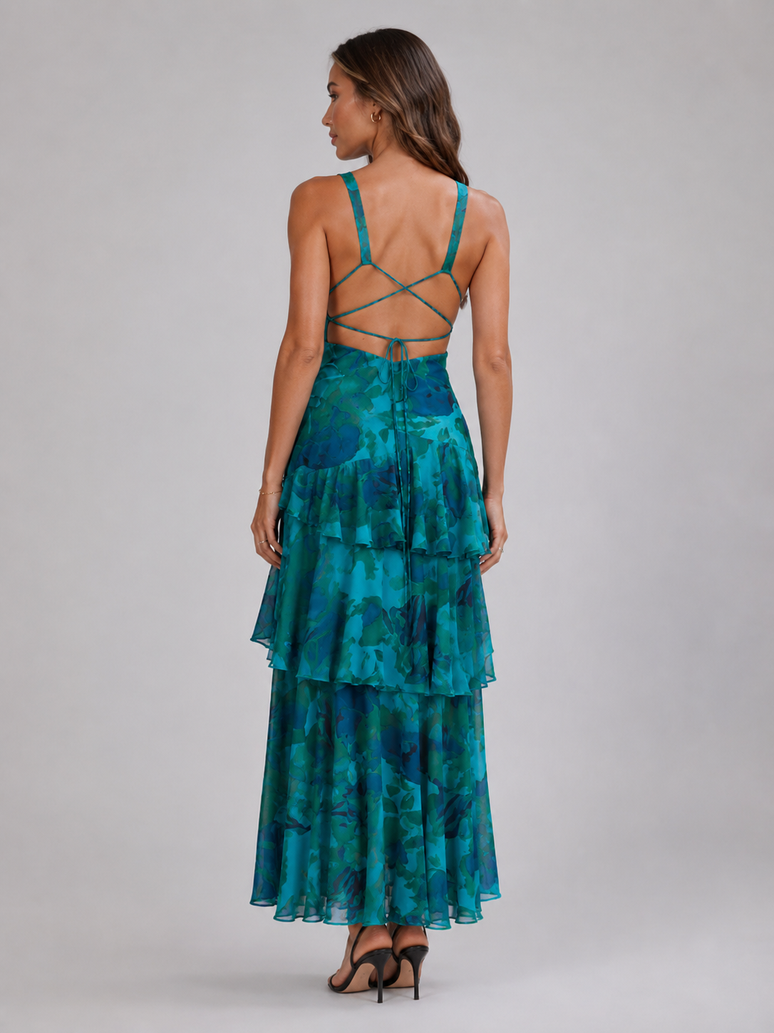 Robe longue à volants superposés col en V été femme