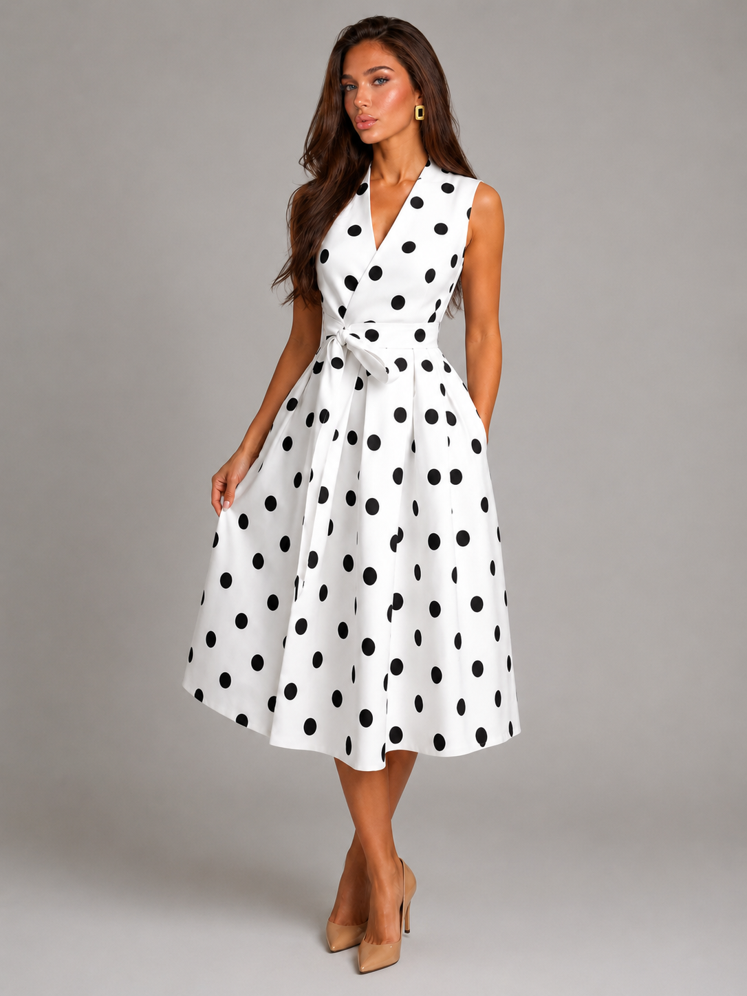 Vestido midi con escote en V y lunares para mujer de verano