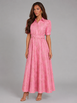 Vestido maxi jacquard floral con cinturón para invitada de boda